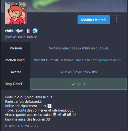 Capture d'écran
Page de profil de Chibi-[N]ah
Le site web est colorié en vert, avec une petite coche verte, indiquant que le site et le compte sont liés et auto-certifiés l'un/l'autre.